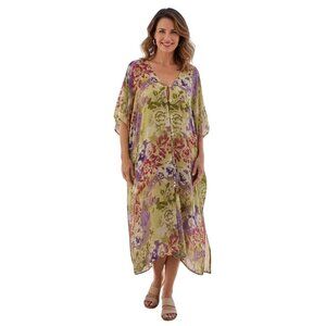 Ulla Popken Beaded Floral Sheer Flowy Long Line Kaftan 3/4 Sleeve One Size